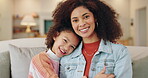 Woman, happy child and hug with portrait, trust and relationship in family home for bonding. Mother, girl and affection for love, compassion and soothing for development, growth or support in embrace