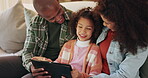 Woman, man and child on tablet on weekend, together and home for e learning app or game. Cheerful people, happy family and tech for relax, peace and bonding as parents for growth, development or love