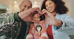 Heart hands, keys and family in new home with love for real estate investment, loan or mortgage. Property, mother and father with child moving to dream house and show sign for care or support closeup