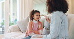 Listen, mother and discipline child in home to stop bad behavior, problem and learning strict rules. Mom, girl and scold for punishment with parent warning naughty kid for mistake, fail or conflict