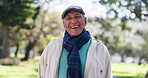Face, smile and old man in park, winter and active with retirement, nature and relax. Portrait, pensioner and elderly person with confidence, comfort and stylish outfit with sunshine and pride