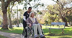 Caregiver, park and senior woman with disability for outdoor enjoyment, mental wellbeing and environment for fresh air. Female nurse, elderly person and walk with wheelchair in garden for recreation.