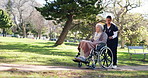 Nurse, garden and senior woman with disability for outdoor enjoyment, mental wellbeing and environment for fresh air. Female caregiver, elderly person and walk with wheelchair in park for recreation.