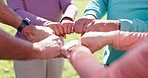 Huddle, fist or people in park for support or fitness in outdoor workout, group sports or low angle. Wellness, strong or hands of friends together for training goal, exercise or healthy community