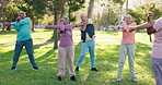 Trainer, stretching arms or old people in park for fitness or body mobility in outdoor workout. Group, trainer or friends in warm up together for training, exercise or retirement community in nature