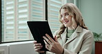 Business woman, tablet and scroll for communication, news article or information in company. Happy, female person and tech for connection in modern office, connection and reading on website or online