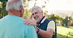 Happy, friends and senior men in park for fitness, exercise and workout for wellness outdoors. Retirement, health and mature people greeting for support, bonding and training together for fresh air