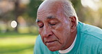 Tired, mature man and break in park, breathing and exhausted in workout, outdoor and fitness. Nature, fatigue and morning for exercise of elderly person, performance and practice for marathon