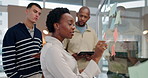 Business people, discussion and glass wall for planning together, collaboration and brainstorming. Marketing team, employees and moodboard in office for strategy meeting, branding ideas and notes