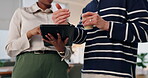 Hands, people and discussion with tablet in office for teamwork, partnership and hr information of recruitment . Business, woman and man with digital for planning interview, meeting and question list