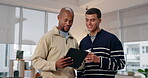 Business, men and meeting with tablet in office for teamwork, partnership and research information of project. Talking, people and coffee with digital to review feedback, email report and kpi website