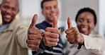 Business people, hands and teamwork with thumbs up in office for achievement, recruitment and support. Group, employees and like emoji for success, agreement and thank you sign for hiring promotion