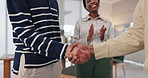 Business people, applause and handshake in office for partnership, funding success and agreement. Employees, clapping and thank you for investor support with startup growth, financial deal and trust