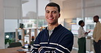 Happy, crossed arms and face of business man with company pride, confidence and smile. Creative agency, company consultant and portrait of person for career, job opportunity and working in office