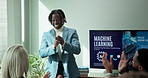 Applause, meeting and presentation with business black man in boardroom for machine learning workshop. AI seminar, motivation and thank you with employee group clapping for education or success