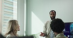 Black man, presentation and meeting for team speaking in office, support and employee engagement. Male person, seminar screen and explain innovation in machine learning, speaker and training workshop