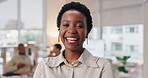 Laugh, crossed arms and face of business black woman with company pride, confidence and smile. Creative agency, company and portrait of happy person for career, job opportunity and working in office