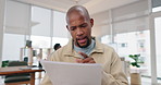 Video call, paperwork and black man on computer for report, consultation service and web support. Help, explain or confused African employee listening to online meeting with documents for interview