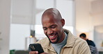 Business, man or laughing for phone in office for social media meme, reading funny post or text message. Happy professional, black employee or communication with networking, connection or mobile chat