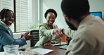 Business, people and meeting with handshake in office for project success, staff applause and achievement. Happy, woman and man with partnership, promotion and good news of negotiation celebration 