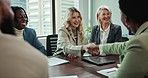 Business people, applause and handshake in office for celebration, partnership and B2B agreement. Tech company, diversity and shaking hands as collaboration success for global ai development contract