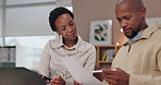 Business people, documents and discussion with tablet for finance, planning budget or company expenses at office. Black man, woman or colleagues discussing financial bills with paperwork at workplace