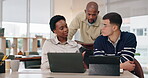 Graphic designer, people and technology in office with teamwork or collaboration for project or deadline. Diversity, employees and discussion for ideas with discussion for creativity and strategy