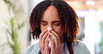 Sick woman, virus and blowing nose with tissue for sinus, illness or flu from cold at home. Face of female person with viral infection, hayfever or allergies for covid, sneeze or disease at house