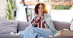Sick woman, sofa and blowing nose with tissue for sinus, illness or flu from virus at home. Young female person with viral infection, hayfever or allergies for covid, sneeze or cold disease at house