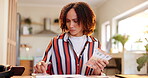 Woman, money and counting with calculator, cash or book for finance, planning bills or expenses at home. Female person taking notes and checking dollar notes for financial cost, budget or calculation