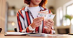 Woman, hands and counting money with cash for finance, planning bills or expenses at home. Closeup of female person checking euro notes or paper for financial cost, budget review or savings at house