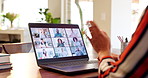 Business woman, laptop and screen with video call for virtual meeting, online collaboration or interaction at home. Female person, hand and wave in remote work with computer for team communication 