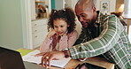 Father, girl and laptop for teaching, help and development in home with support, video and online class. Man, student and tech for study, learning and growth in house with mobile app and education