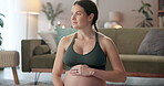 Yoga, care and pregnant woman touch stomach for love, prenatal and relax body. Pilates, healthy pregnancy and mother with abdomen for future maternity, fitness or thinking  of surrogate baby in home