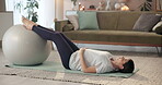 Pregnant woman, stretching and ball for fitness on floor exercise, balance support and body flexibility of yoga. Female person, pregnancy and pilates training, peace wellness or relax muscle at house