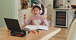 Education, kid or laptop at table for class, online maths lesson or counting for homework. Girl student, computer or elearning at home on internet, educational media or virtual tutorial in Colombia