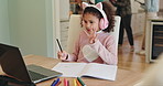 Education, child and laptop at table for class, online maths lesson and counting for homework. Girl student, computer and elearning at home on internet, educational media and video call in Colombia