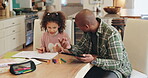 Father, girl and hands for teaching, math and development in home with support, fingers and talking. Dad, student and discussion for study, learning and numbers in house with help and education