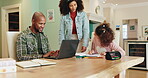 Black parents, daughter and homework in house, smile and dad with laptop for remote work and online. Kitchen, mom and happy to check on child, writing and help for girl with classwork and family
