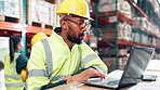 Warehouse, logistic or man with laptop for working, inventory or track transportation for supply chain. Factory, male manager or scroll on digital for stock management, production or service progress