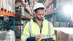 Man, tablet and inspection for logistics in warehouse with inventory checklist, supply chain and distribution safety. Person, digital and industry stock, storage service and manufacturing quality