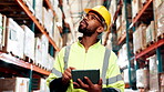 Black man, tablet and inspection for logistics in warehouse with inventory checklist, supply chain and distribution. Person, digital and industry stock, storage service and manufacturing quality