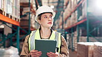 Online, serious and woman with tablet, warehouse and typing with inspection of stock and checklist. App, understanding and reading of email for logistics, digital and planning for shipping of cargo