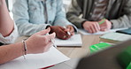 Pens, notebook and hands of people with elearning on laptop with virtual tutor for university exam. Education, research and students in online class for college test or assignment studying together.