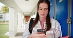 Education, female student and smartphone in university for connection, online results and assessment mark. Corridor, girl and cellphone with mobile app for academic purpose, scroll and english quiz