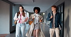 College group, friends and walking to class with conversation, scholarship and books for learning. Gen z people, students and leaving campus with education, planning and project discussion in hallway