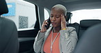 African business woman, phone call and transport by car with stress, schedule and pain with burnout. Person, smartphone and contact for meeting, flight or frustrated for headache on travel in vehicle