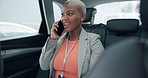 Business woman, phone call and ride by car for contact, deal and booking for Womens Day conference. Person, event planner and smartphone in vehicle, transport and happy with progress for empowerment