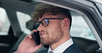 Phone call, talking and business man in car for travel, conversation or schedule meeting with client. City, contact and lawyer in vehicle for discussion, transportation or morning commute to office