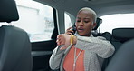 African business woman, phone call and travel by car with stress, schedule and check watch with anger. Person, smartphone and contact for meeting, flight and frustrated on commute with transportation